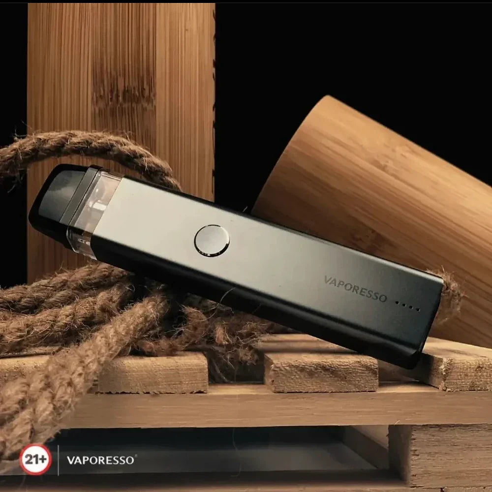 Vaporesso XROS 2 Pod System 16W in black on rustic wood and rope background, displaying premium finish and compact form factor.
