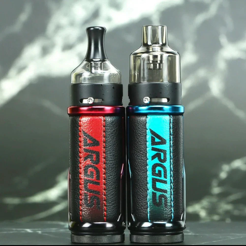 Two VOOPOO ARGUS 40W Pod Mod Kits in red and blue with visible PnP pods, emphasizing color options and dual vaping styles.