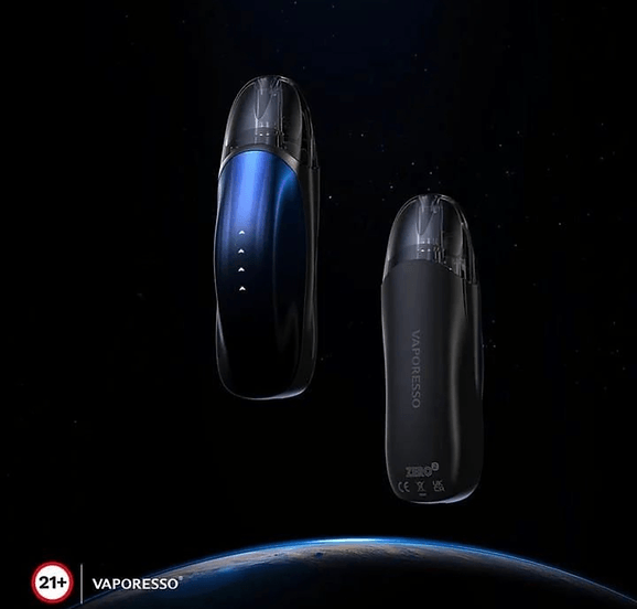 Vaporesso ZERO 2 Pod Kit - Stylish Pod System in black and blue variants floating above Earth, showcasing futuristic design and portability.