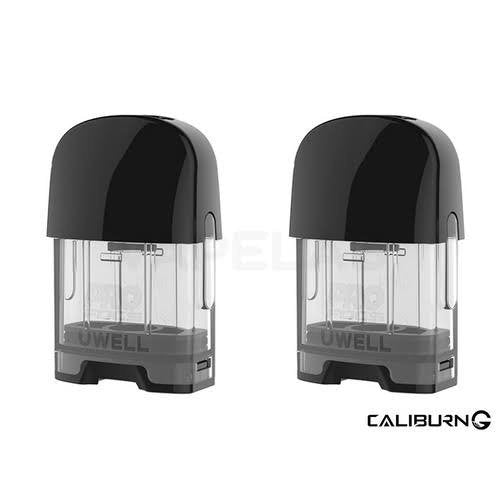 Close-up of Uwell Caliburn G 2ml Replacement Pod Cartridges, 2pcs pack, transparent design with black mouthpiece for vaping convenience.