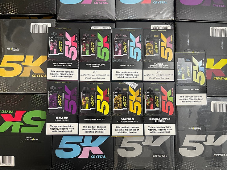 Assorted Nasty 5K Crystal Vape - 5000 Puffs Disposable Devices in flavors like Grape, Mango Ice, and Pina Colada, each with 5% nicotine and 13ml liquid.