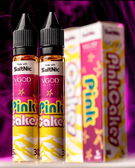 VGOD SaltNic Pink Cakes E-Juice with dessert-inspired flavor. Bright pink and yellow packaging highlights sweet cake essence.
