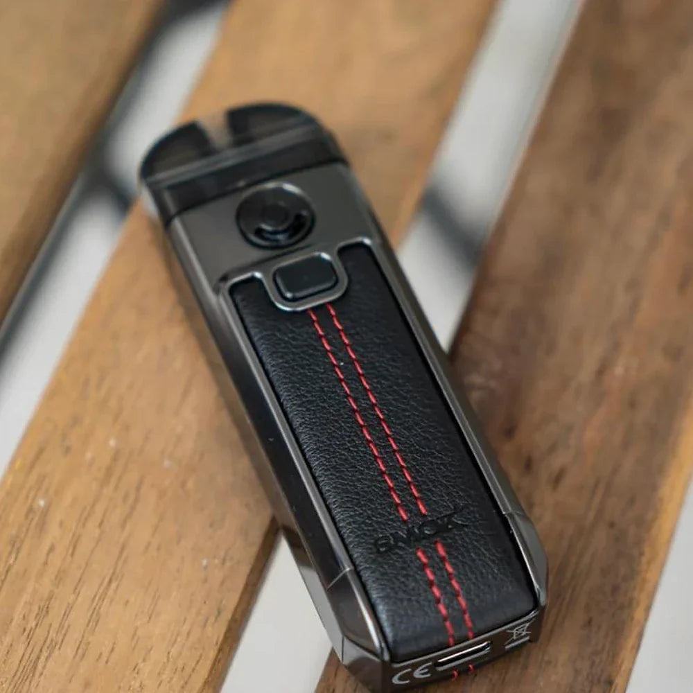SMOK Nord 4 80W Pod Kit in black leather with red stitching, showcasing ergonomic design and powerful 2000mAh battery for premium vaping.
