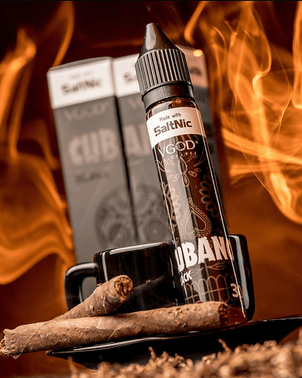 VGOD SaltNic Cubano Black E-Juice with rich cigar-inspired flavor. Premium nicotine salt blend showcased with bold, fiery background.