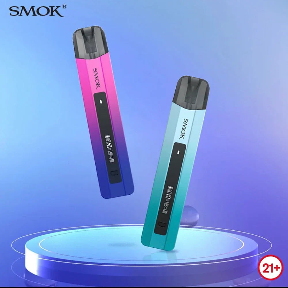 Colorful SMOK NFIX PRO Pod System - 25W vape pens in pink-blue and cyan gradients, displayed on a futuristic podium background.