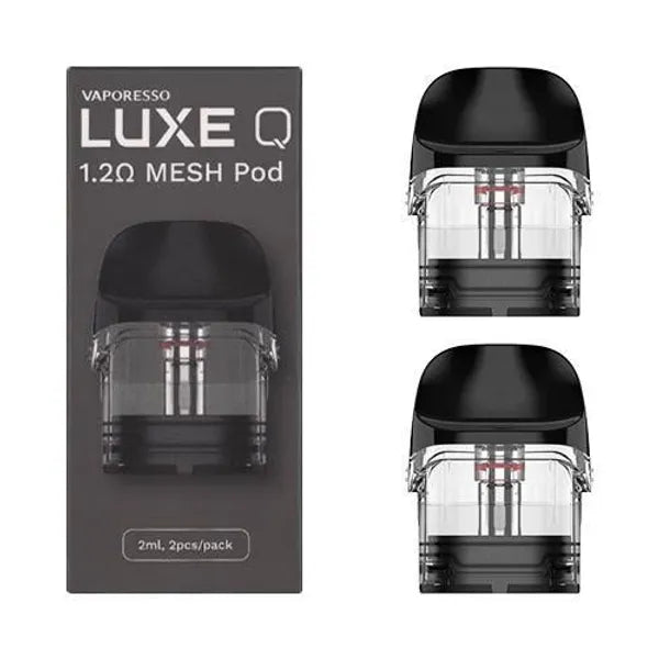 Vaporesso Luxe Q 1.2ohm mesh pods in 2-pack box with 2mL e-liquid capacity and magnetic coil connection for smooth vaping experience.