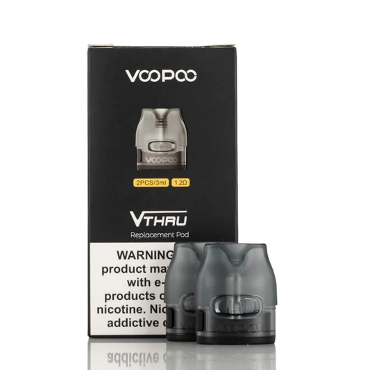 VOOPOO V Thru Pro Pods 2-pack with 3mL capacity and 1.2ohm coil, featuring ergonomic design and secure locking system for vaping devices.