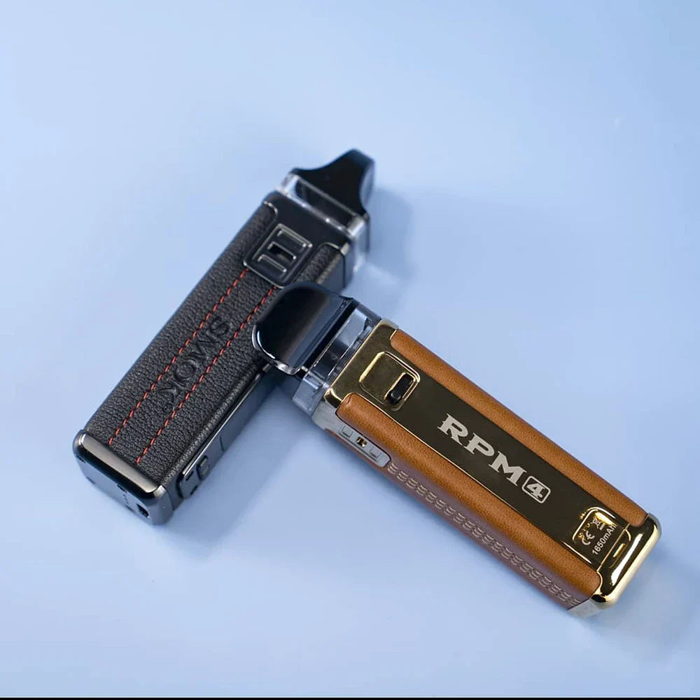 SMOK RPM 4 Pod System 60W in black and brown leather finishes, highlighting stylish build and dual coil compatibility for advanced vaping.