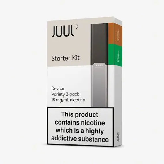 Juul 2 Starter Kit UK with 18mg nicotine pods in Virginia Tobacco and Crisp Menthol. Compact device and pod system for adult smokers.