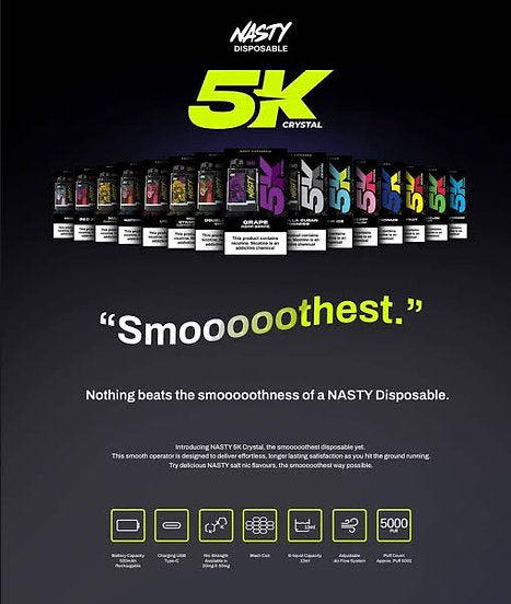 Promotional banner for Nasty 5K Crystal Vape - 5000 Puffs Disposable Device showcasing full flavor lineup with rechargeable battery and adjustable airflow.