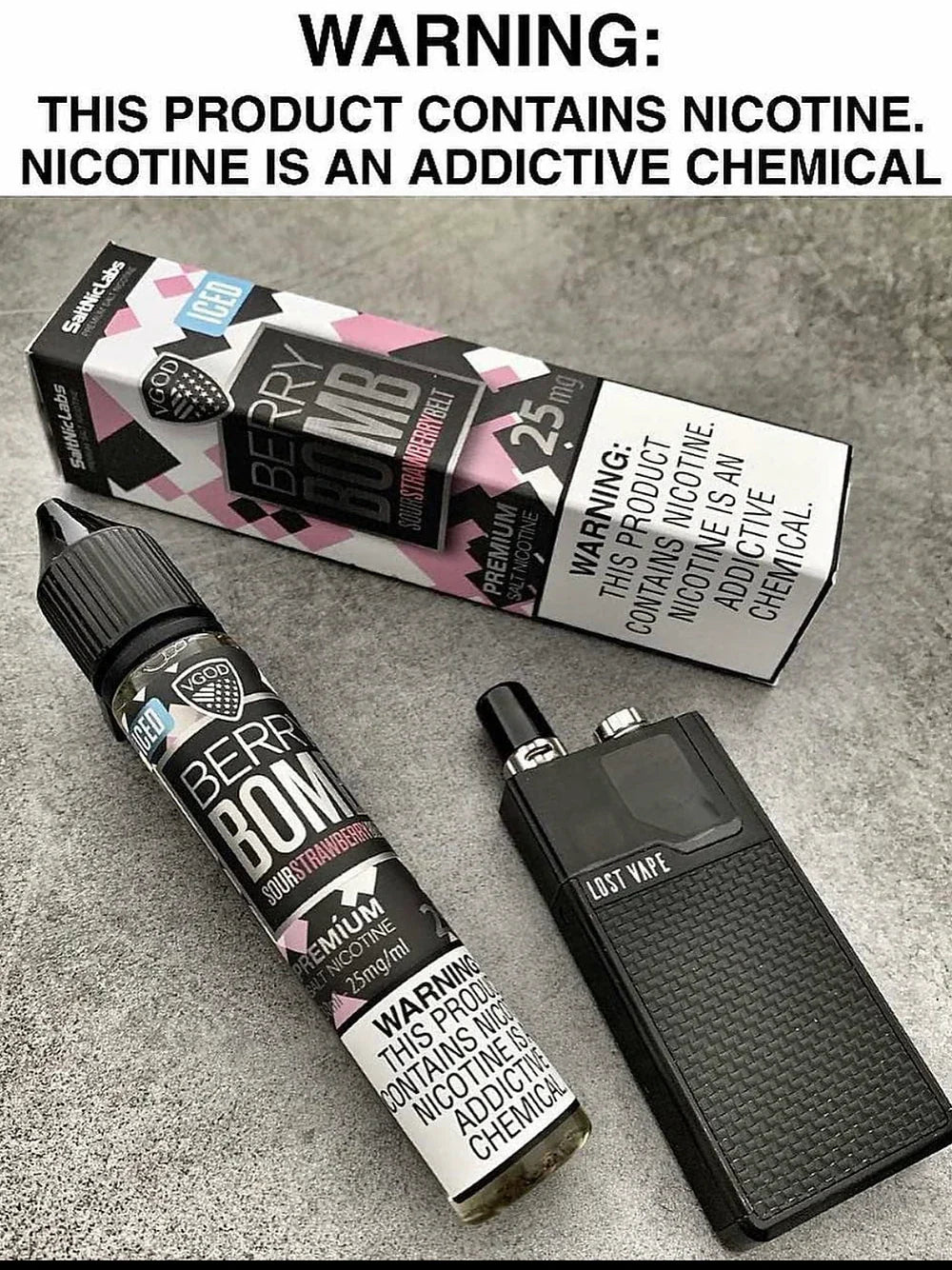 VGOD SaltNic Berry Bomb E-Juice with mixed berry flavor, shown with vape device. Premium nicotine salt blend for intense fruity buzz.