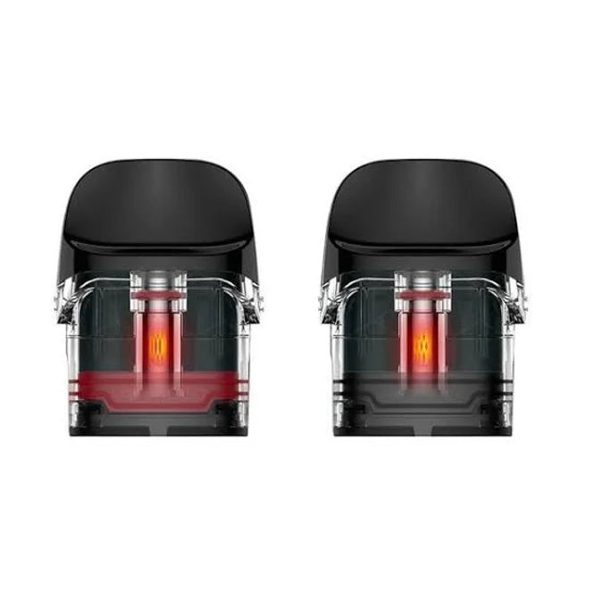 Close-up of Vaporesso Luxe Q pods showing internal mesh coils glowing red, highlighting 0.8ohm and 1.2ohm heating elements for optimal flavor.