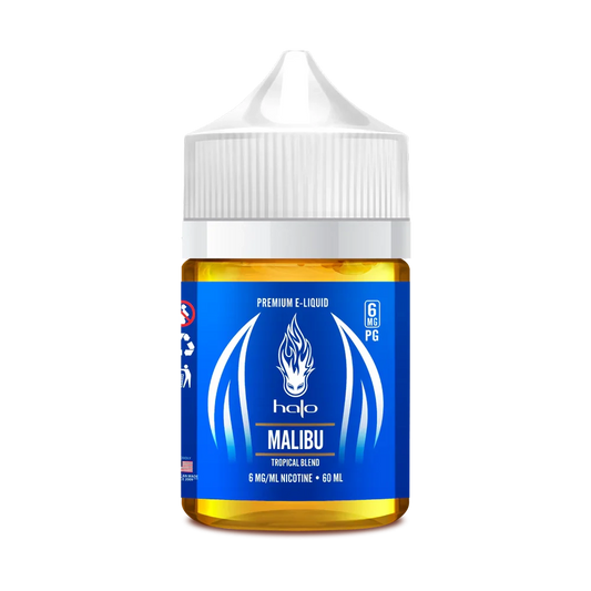 HALO E-LIQUID 60ML Malibu flavor features a tropical blend in a blue-labeled bottle, ideal for fruit e-liquid lovers in the food & tobacco category.