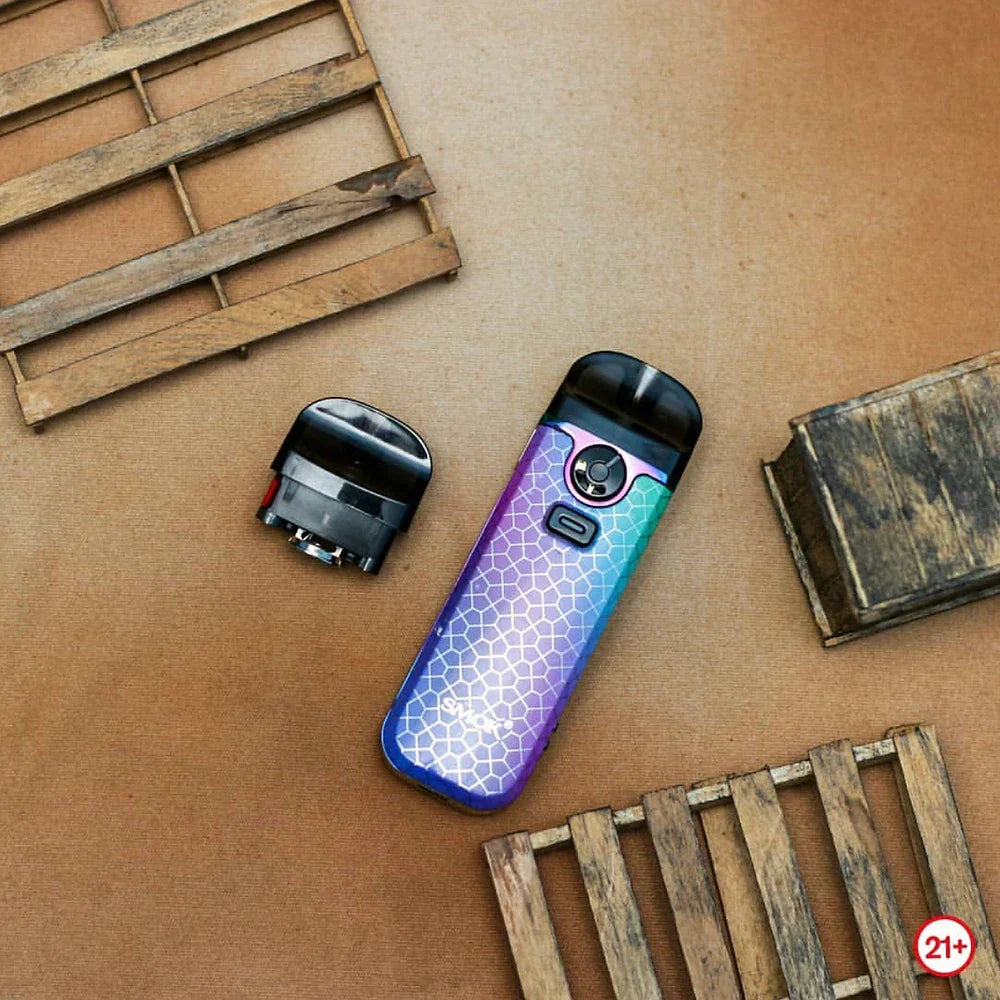SMOK Nord 4 80W Pod Kit in rainbow scale design with detachable pod, ideal for flavor-rich vaping with 2000mAh battery and airflow control.