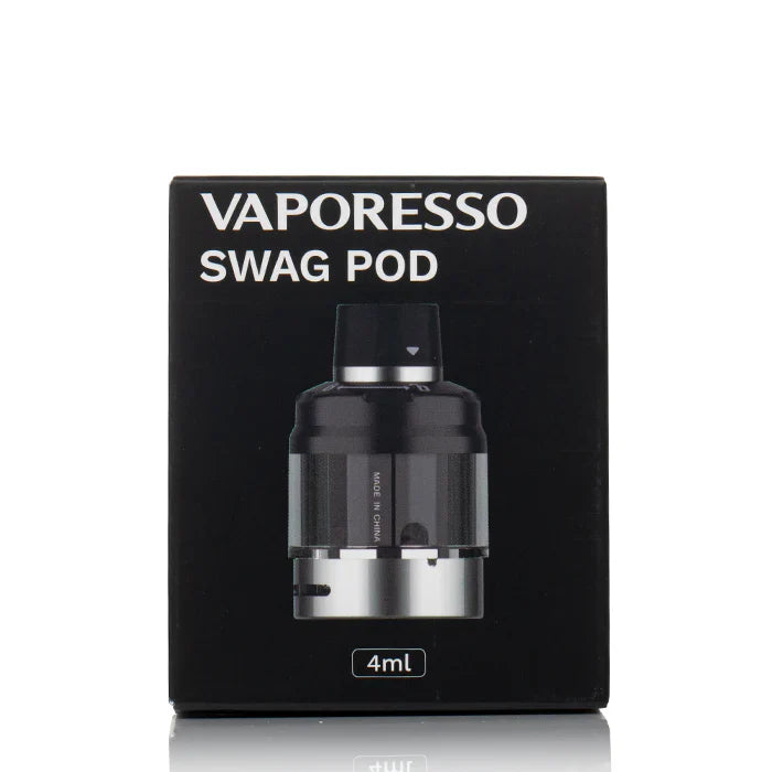 Box of Vaporesso SWAG PX80 Replacement Pod with 4mL label, designed for GTX coils and quarter-turn top fill system.