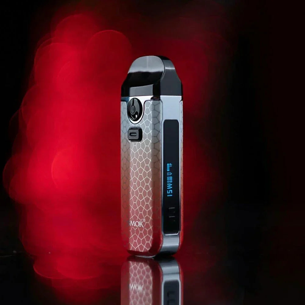 SMOK Nord 4 80W Pod Kit in silver honeycomb design with OLED screen, offering dual airflow and 2000mAh battery for advanced vape performance.
