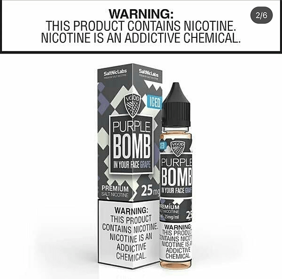 VGOD SaltNic Purple Bomb Iced Grape E-Juice with bold grape flavor. Premium nicotine salt formula in geometric black and white packaging.