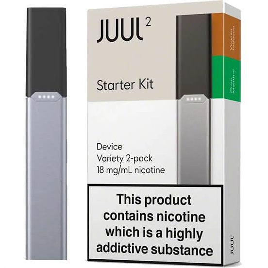Juul 2 Starter Kit UK featuring 18mg/ml nicotine pods in a 2-pack. Includes device and tobacco-flavored pods for smooth vaping experience.