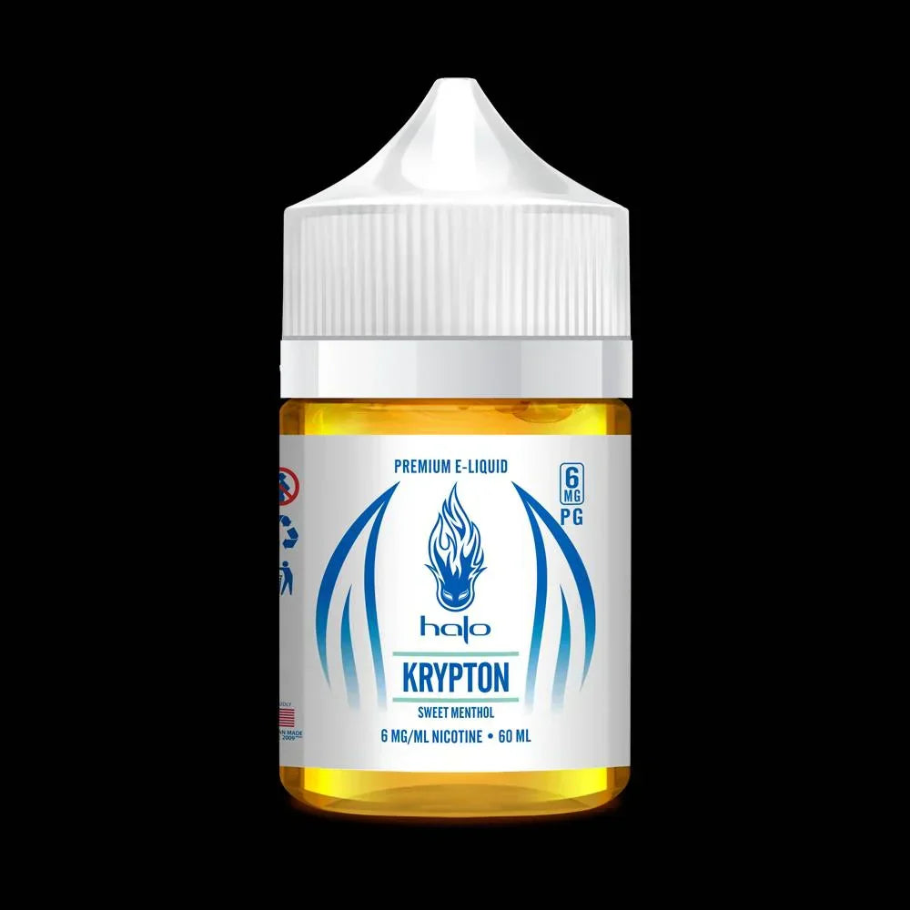 HALO E-LIQUID 60ML Krypton flavor combines sweet menthol in a sleek black background bottle, ideal for menthol and tobacco e-liquid consumers.
