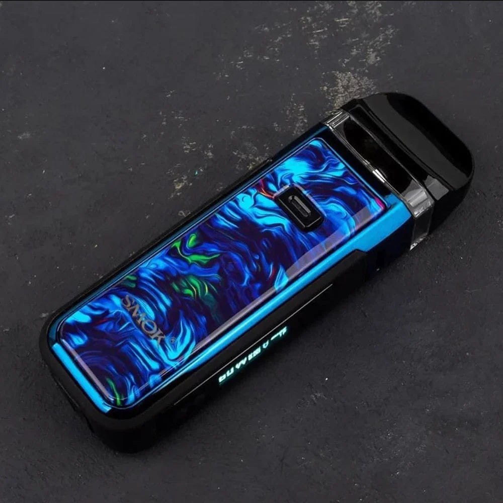Blue swirl SMOK NORD X Pod System with 60W output and RPM coil compatibility on dark background, ideal for powerful vaping.
