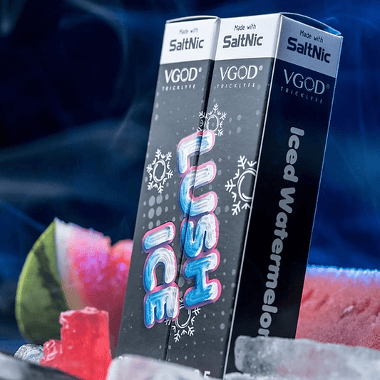 VGOD SaltNic Lush Ice E-Juice with iced watermelon flavor, designed for low wattage devices. Features vibrant packaging with fruity visuals.