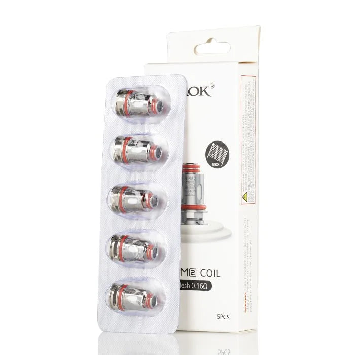 Pack of five SMOK RPM 2 Mesh 0.16ohm coils shown with retail box. Perfect for direct-to-lung vaping with mesh heating element.