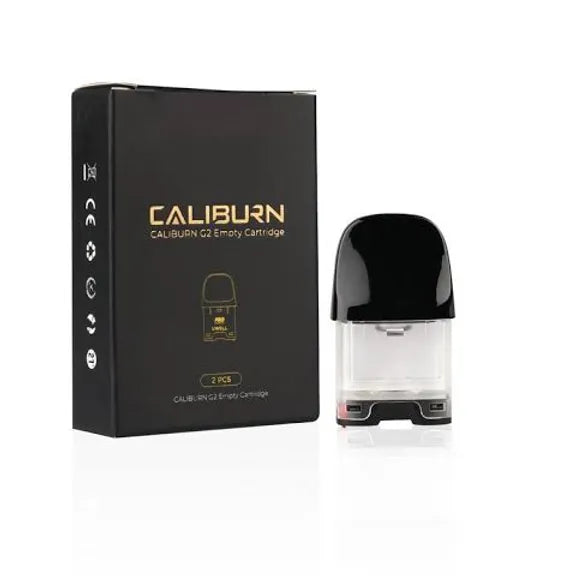 Single Uwell Caliburn G2 Pod cartridge displayed next to branded box, highlighting top fill 2mL capacity and magnetic connection.