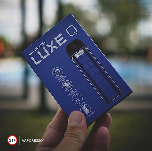 Vaporesso Luxe Q Pod System in blue retail packaging, showcasing compact design and 1000mAh battery for nicotine salt or eJuice use.