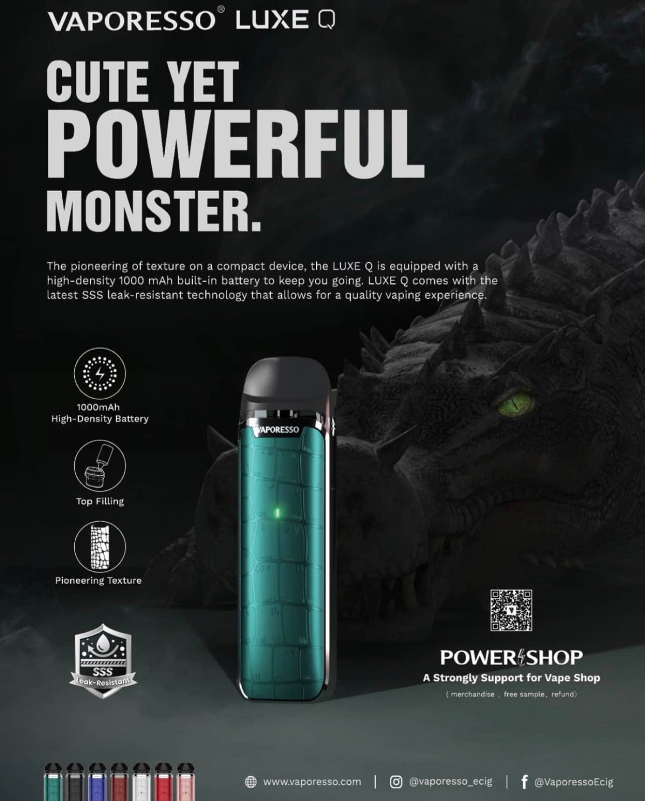 Promotional poster of Vaporesso Luxe Q Pod System in green, emphasizing 1000mAh battery, leak-resistant tech, and compact power.