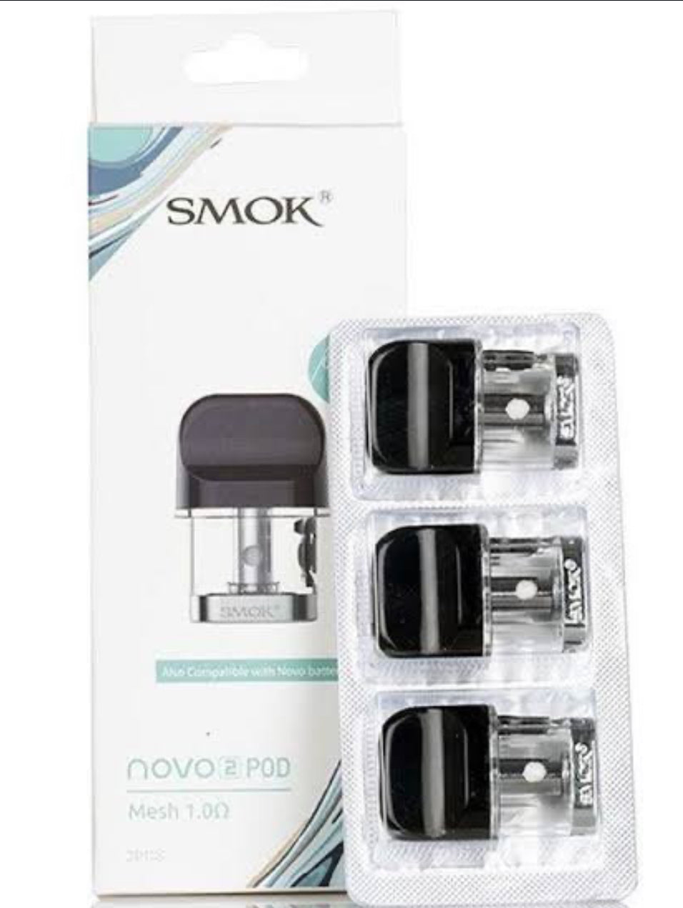 SMOK NOVO 2 Replacement Pods 3-pack with 2mL capacity and 1.0ohm mesh coils, shown in retail packaging for vaping use.