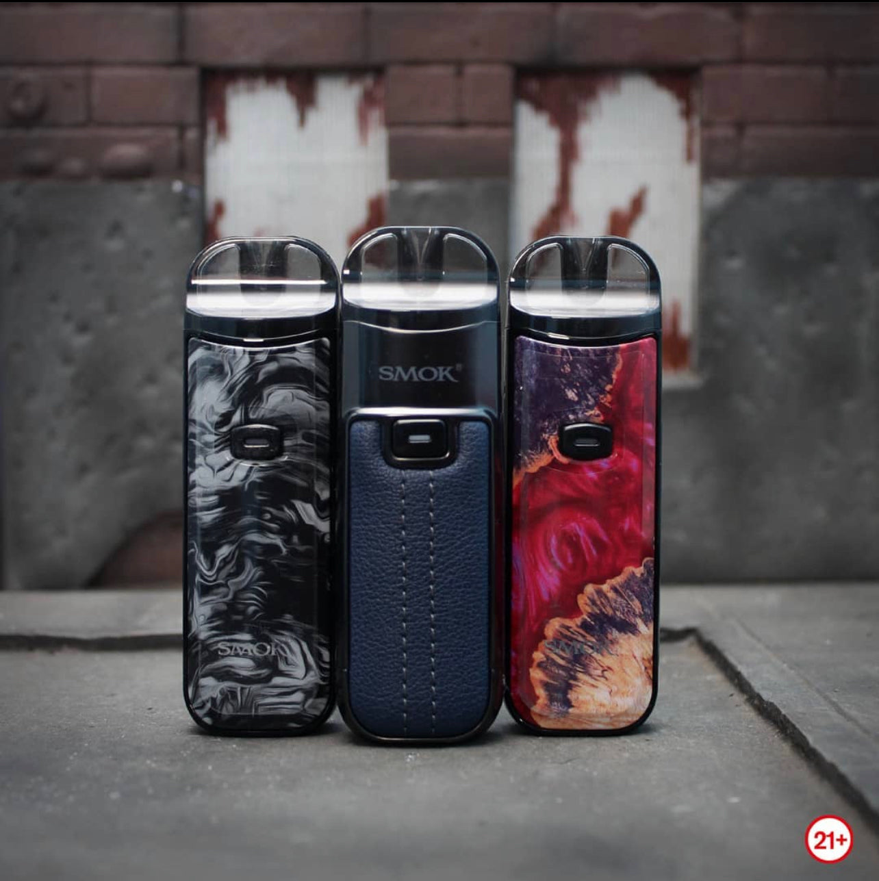 Front view of SMOK NORD 50W Pod Kits in stylish finishes, showcasing compact design, 4-4.5mL pods, and fast Type-C charging support.