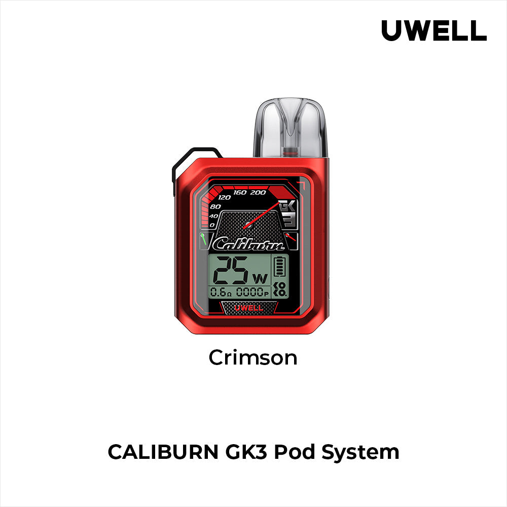 Crimson Uwell Caliburn GK3 25W Pod Kit System with digital wattage display, compact design, and integrated mesh coil for rich flavor vaping.