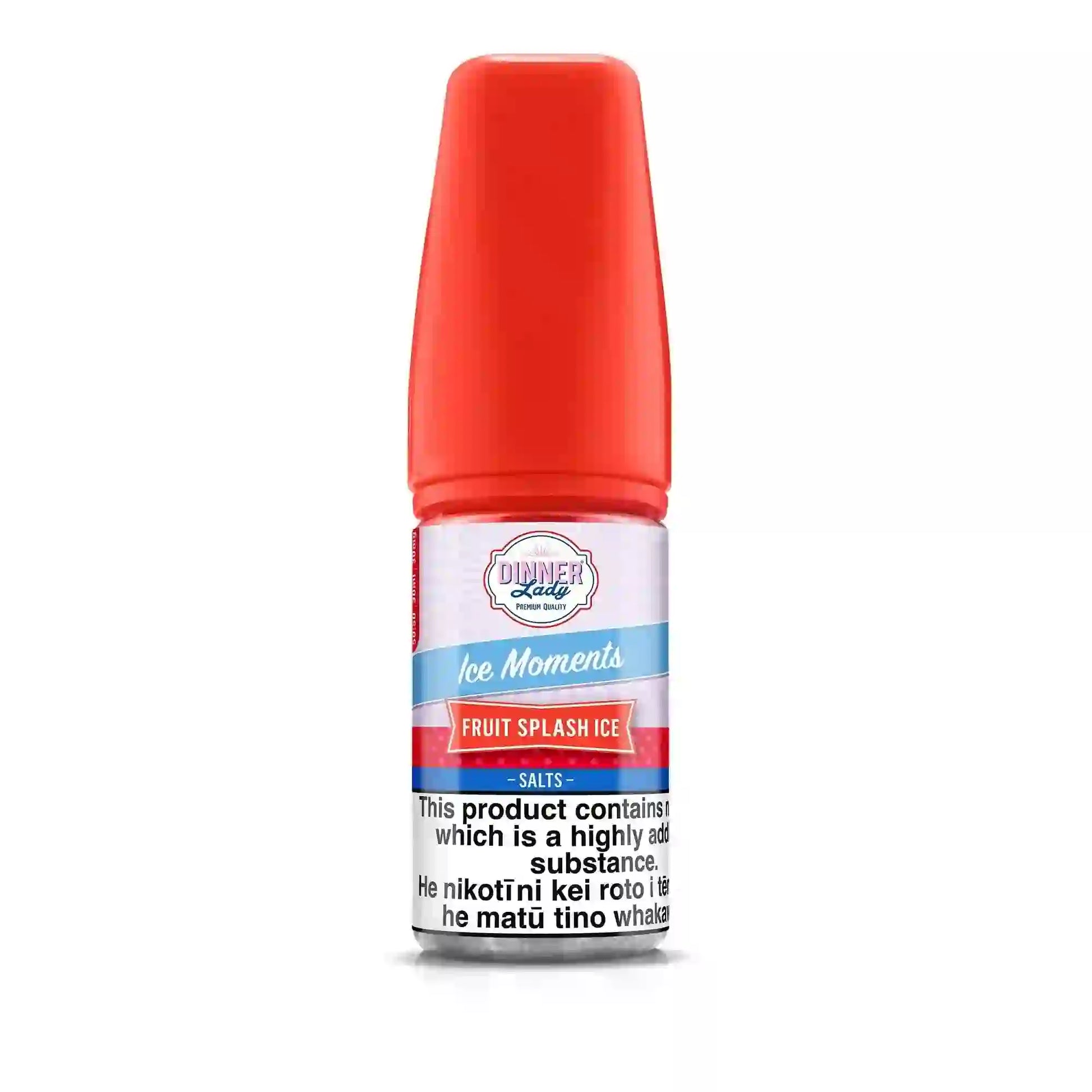 Dinner Lady Salts 50 MG Fruit Splash Ice nic salt e-liquid with red cap, premium UK-made vape juice for a smooth and icy vaping experience.