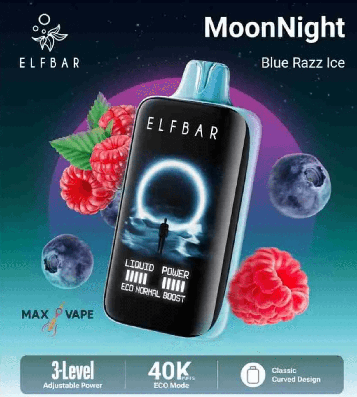 Elfbar Moonlight 40000 Puffs Blue Razz Ice vape in blue casing with raspberry and ice visuals. Features 3-level power and eco mode in India.