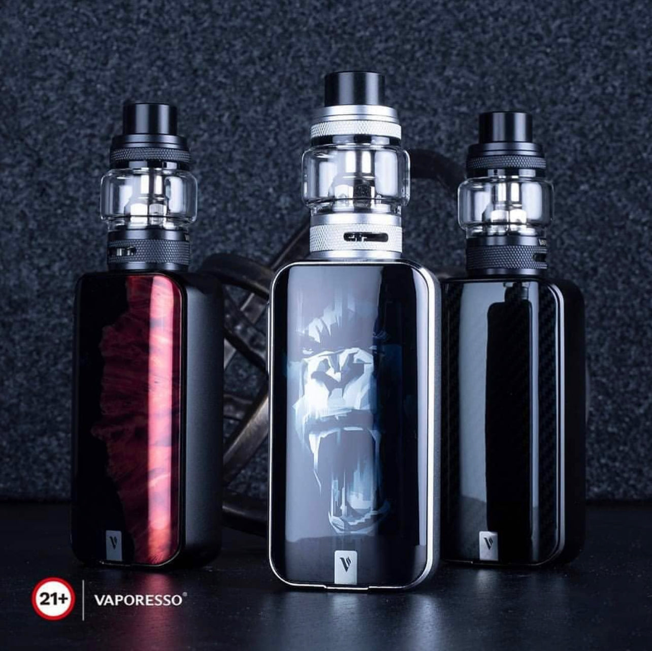 Vaporesso Luxe 2 Starter Kit - 220W Dual Battery Vape in black variants with bold graphic panels, ideal for stylish vaping enthusiasts.