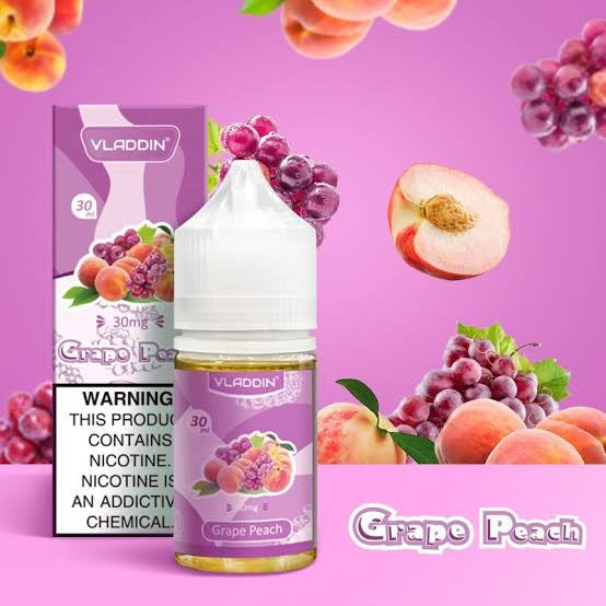 Vladdin Salt E-Juice 30ml - Nicotine Boost in Grape Peach flavor, a sweet and juicy mix perfect for flavorful vaping sessions.