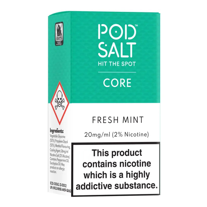 Pod Salt Nicotine E-juice 30ML Fresh Mint flavor offers a crisp menthol vaping experience. Ideal for smooth throat hits in pod systems.
