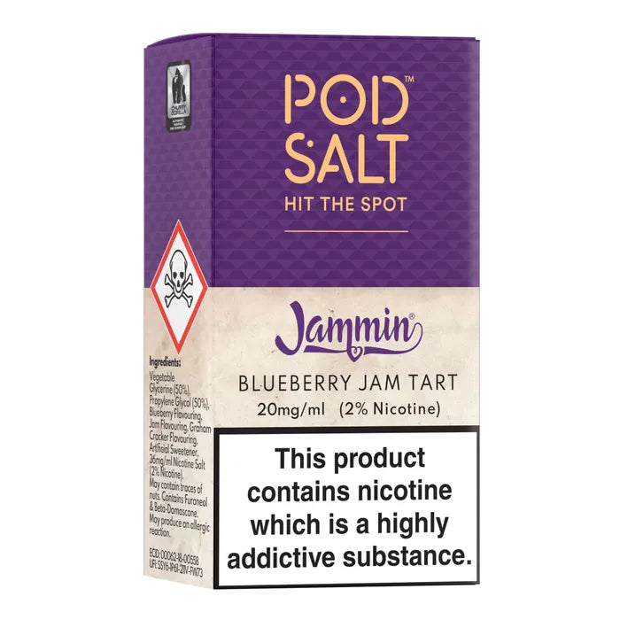 Pod Salt Nicotine E-juice 30ML Blueberry Jam Tart flavor by Jammin delivers a sweet pastry vape. Ideal for dessert vape enthusiasts using pods.