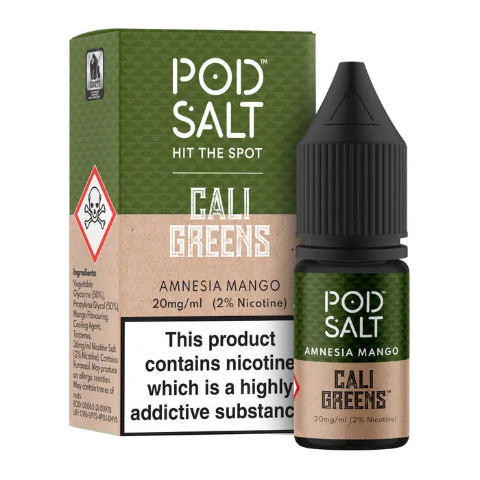 Pod Salt Nicotine E-juice 30ML Amnesia Mango flavor by Cali Greens blends herbal and fruity notes. Designed for a unique and smooth vape.