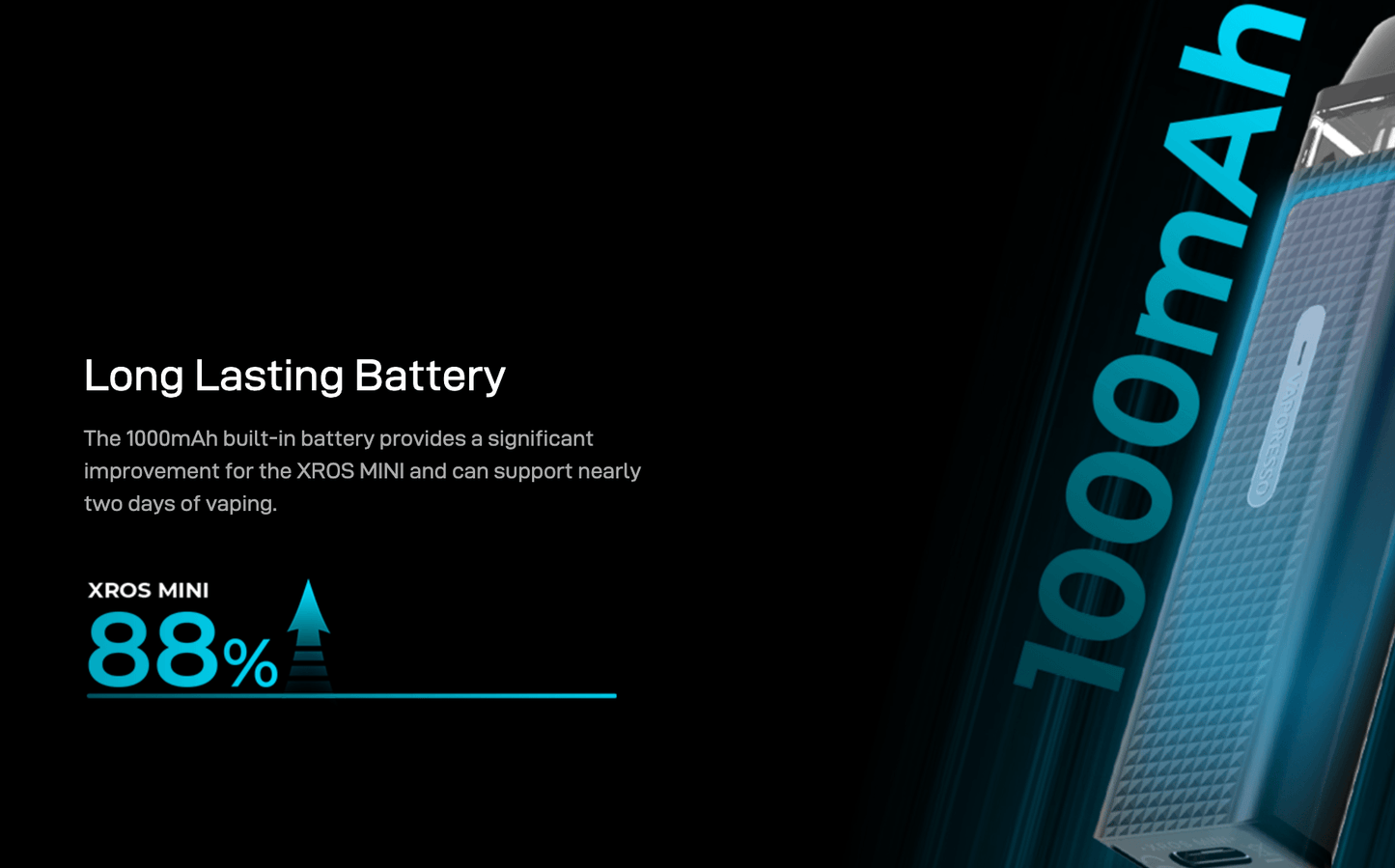 XROS MINI MTL Pod System with 1000mAh battery highlighted, offering nearly 2 days of vaping for a long-lasting experience in Food, Beverages & Tobacco.