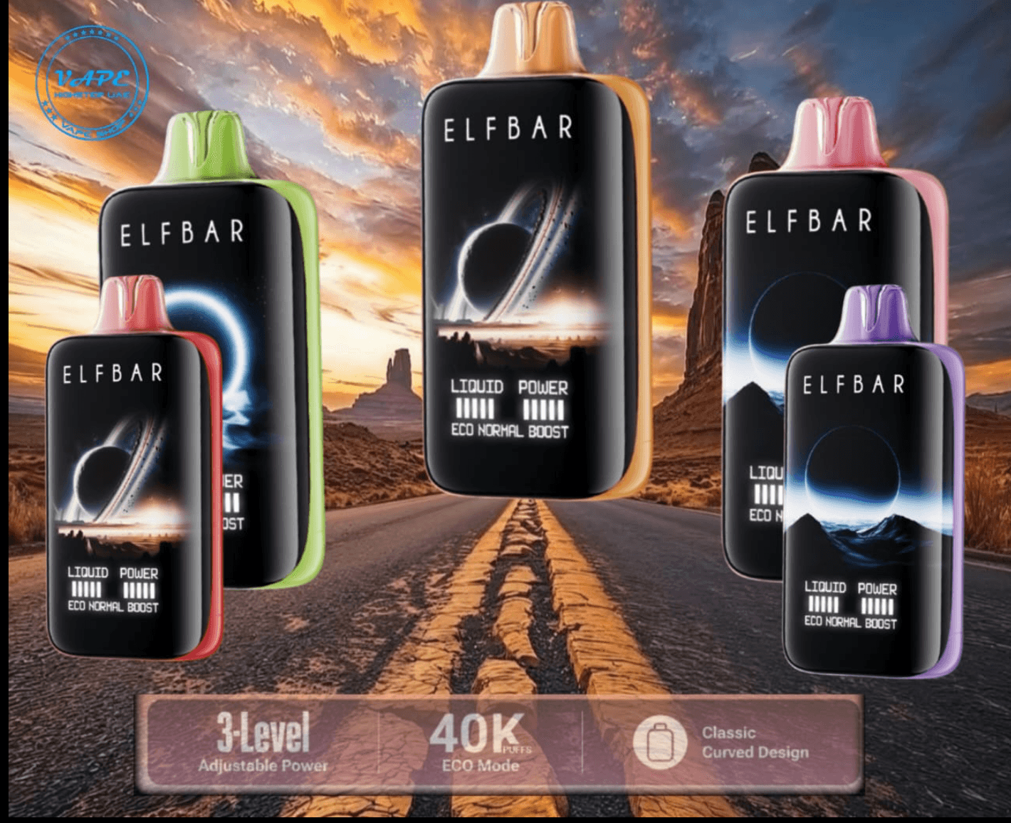 Assorted Elfbar Moonlight 40000 Puffs vapes in multiple flavors and colors on a scenic road backdrop. 3-level adjustable power, India availability.