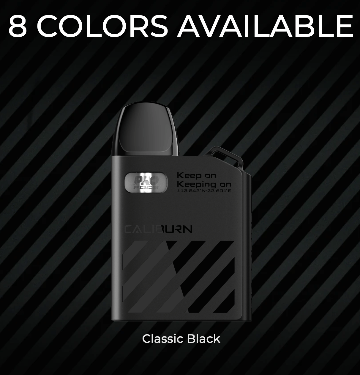 Classic Black Uwell Caliburn GK3 25W Pod Kit System with sleek matte finish, compact body, and side airflow control for customizable vaping.