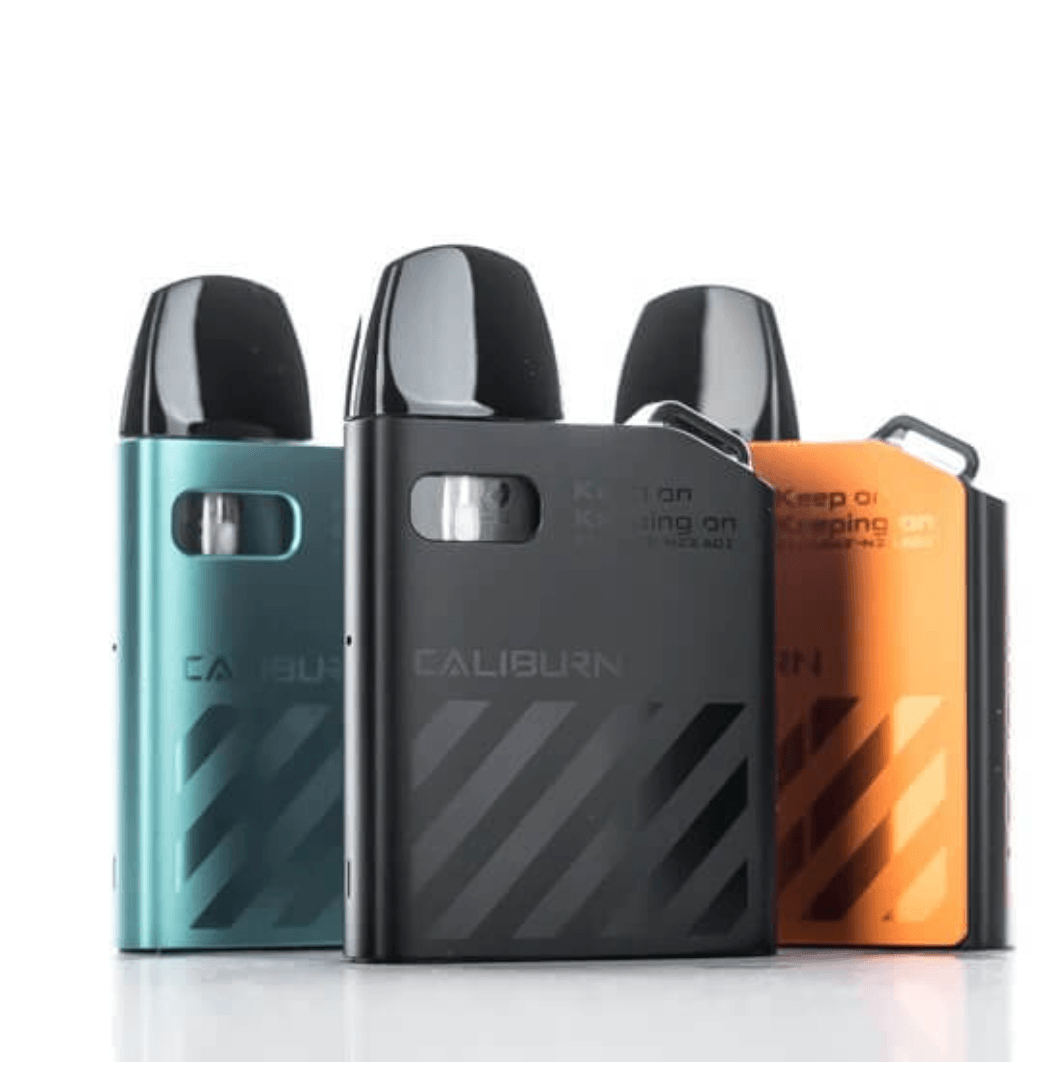 Multiple Uwell Caliburn GK3 25W Pod Kit Systems in teal, black, and orange colors, showcasing stylish compact design and pod mouthpieces.