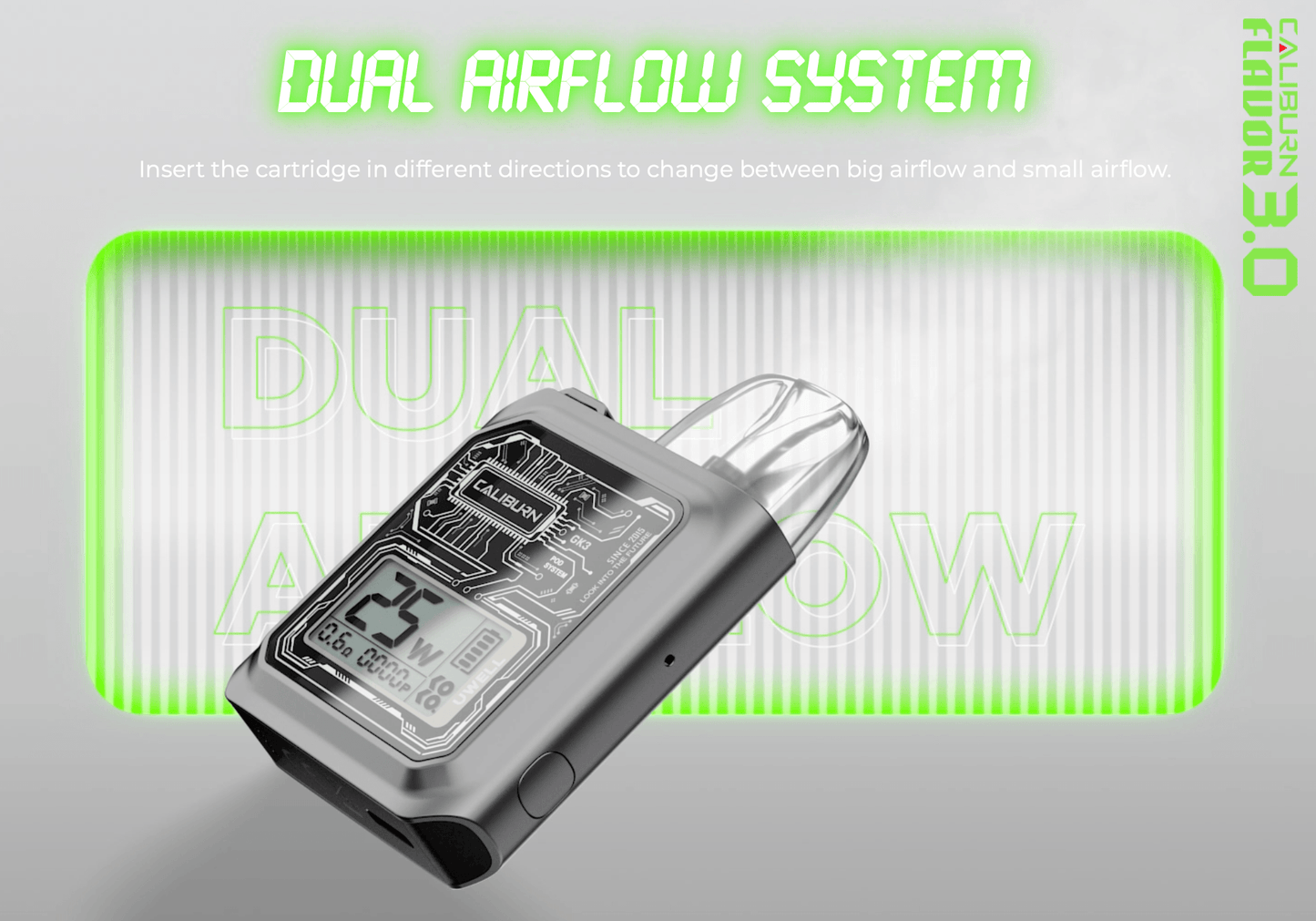 Uwell Caliburn GK3 25W Pod Kit System with dual airflow system, allowing directional cartridge insertion for adjustable airflow experience.