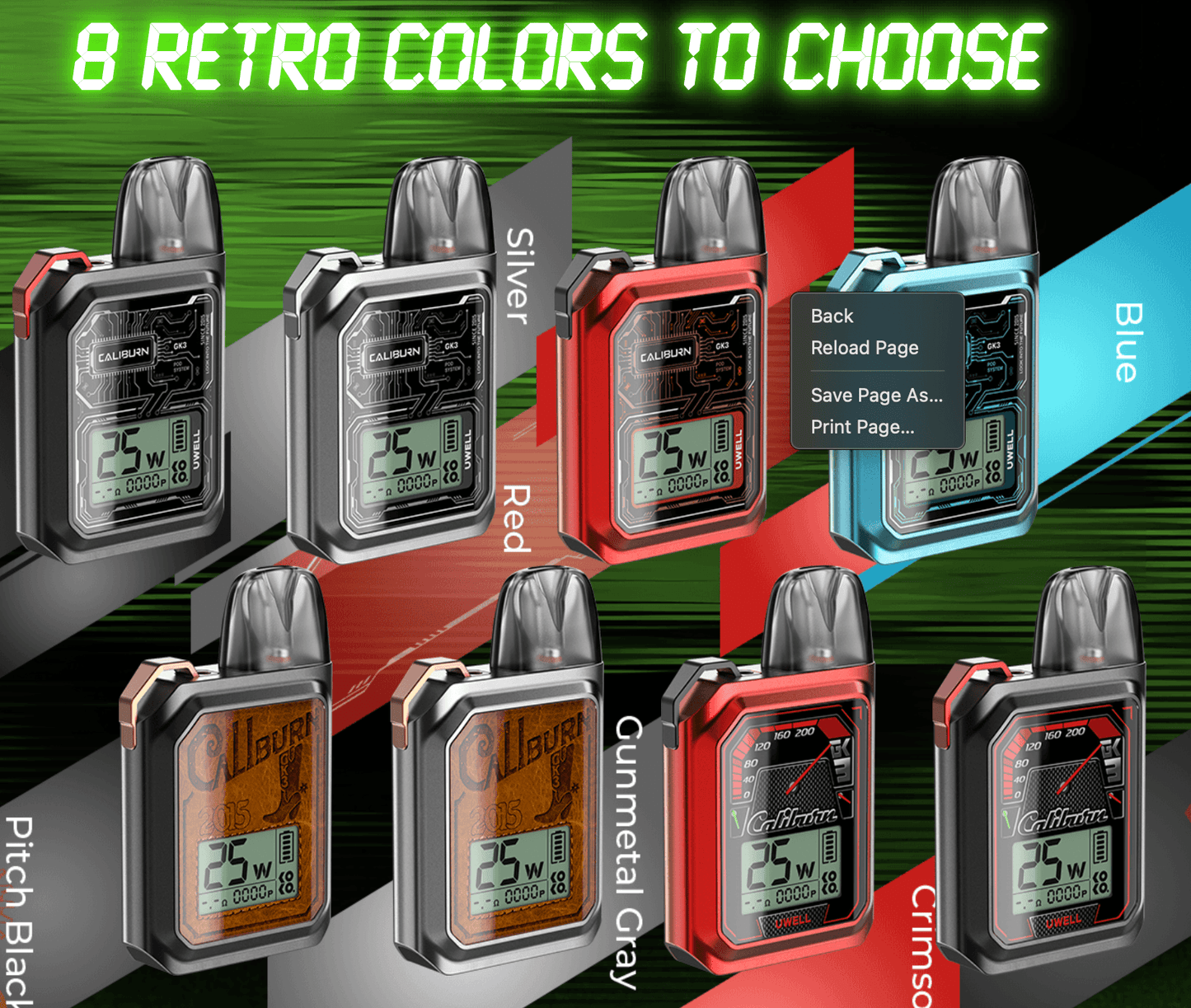Eight retro color options for Uwell Caliburn GK3 25W Pod Kit System including silver, red, blue, and gunmetal gray with digital wattage display.
