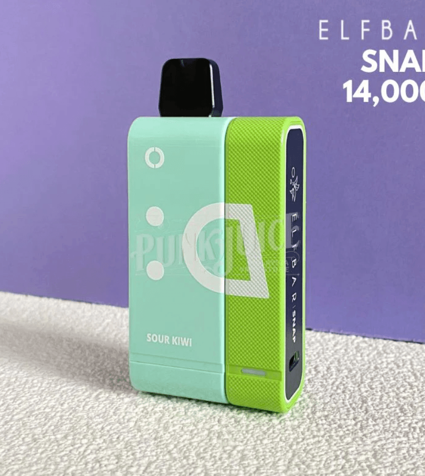 Close-up of Elf Bar Snap EW14000 Sour Kiwi vape with 14000 puffs and 16ml e-liquid, designed for smooth vaping and easy recharging.
