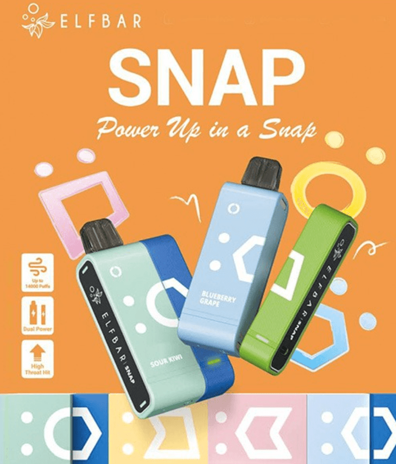 Elf Bar Snap EW14000 vapes in Sour Kiwi and Blueberry Grape flavors, showcasing 14000 puffs, dual power, and high throat hit features.