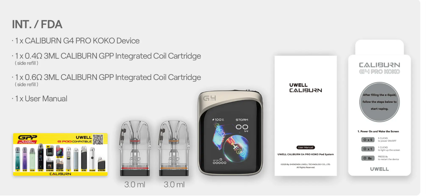 Caliburn G4 Pro KOKO Pod System Kit full package contents including device, cartridges, and user manual, ideal for new and experienced vapers.