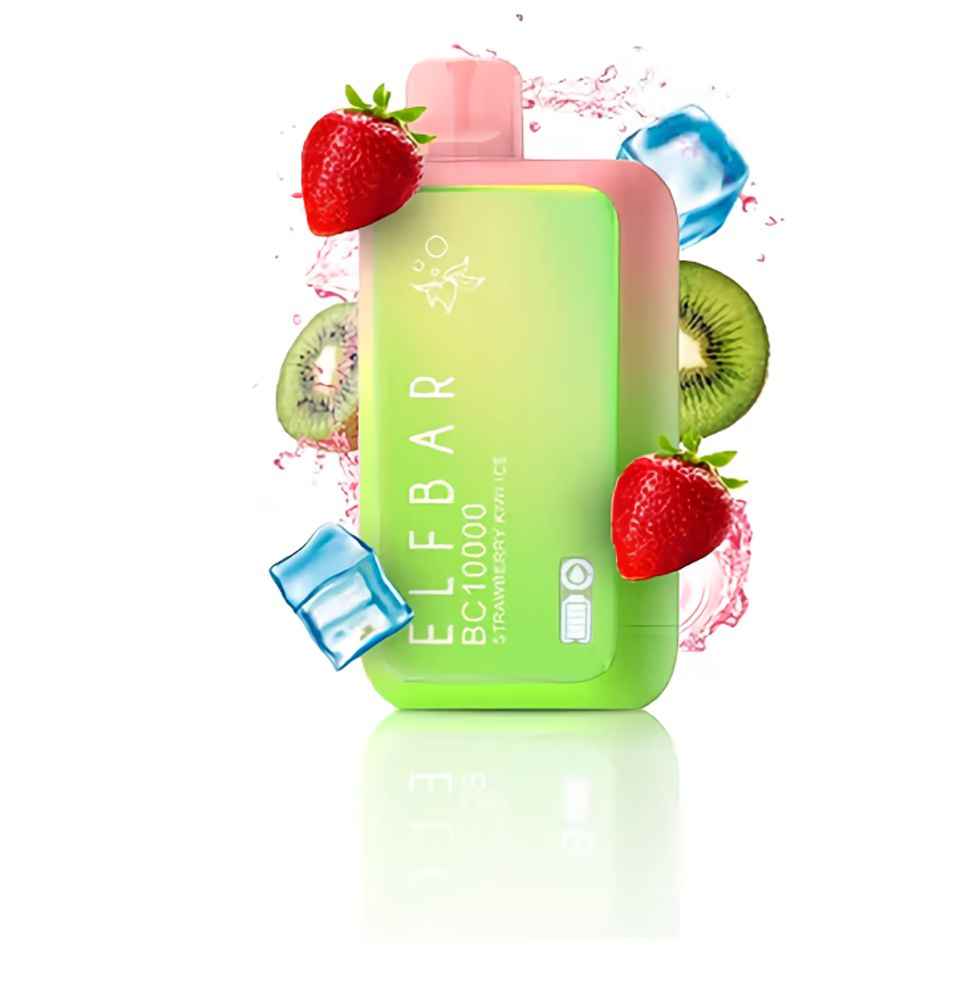 ELFBAR BC 10000 Strawberry Kiwi Ice Vape in green-pink with strawberries, kiwi, and ice, delivering 10000 puffs of fruity coolness.