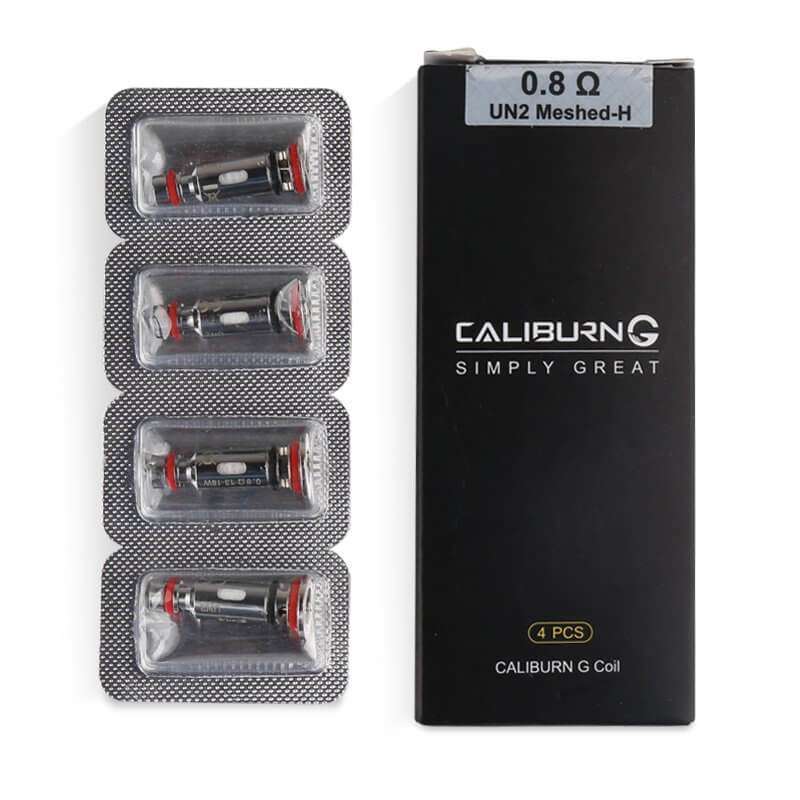 Uwell Caliburn G 0.8ohm mesh coils in blister pack, 4 pieces per box. Designed for enhanced flavor in Caliburn G vape devices.